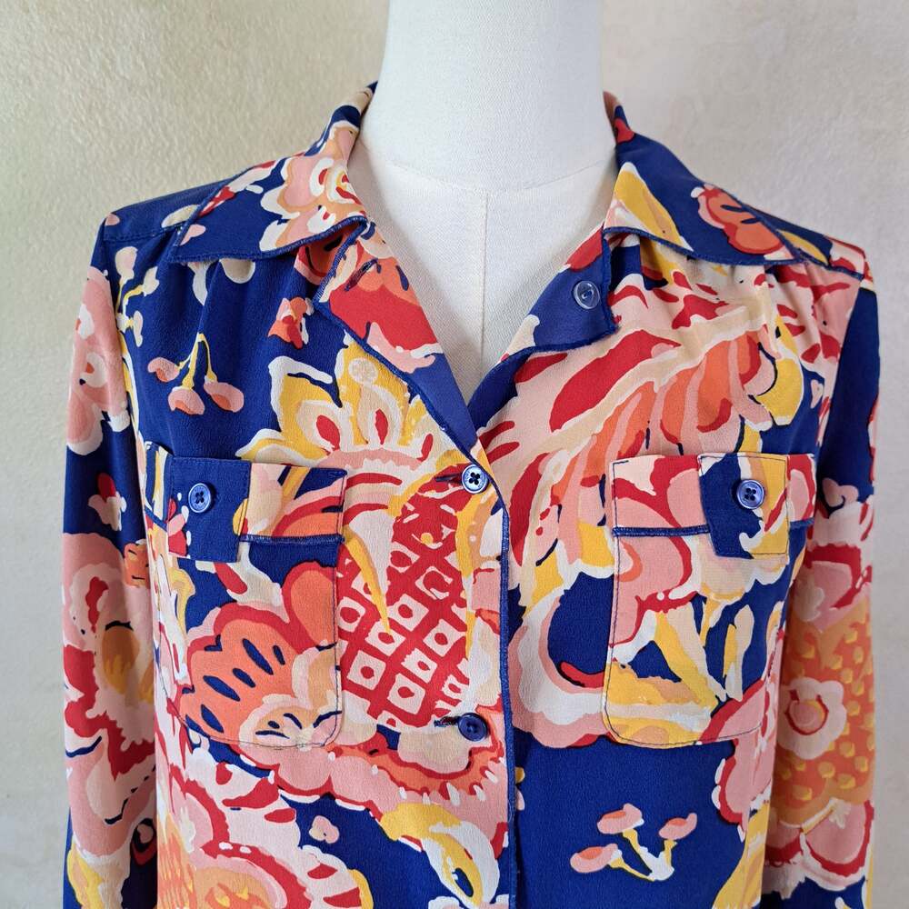 Tory Burch Silk Floral Roll Tab Blouse Top Size 4 Blue Pink Button Front - Picture 2 of 10
